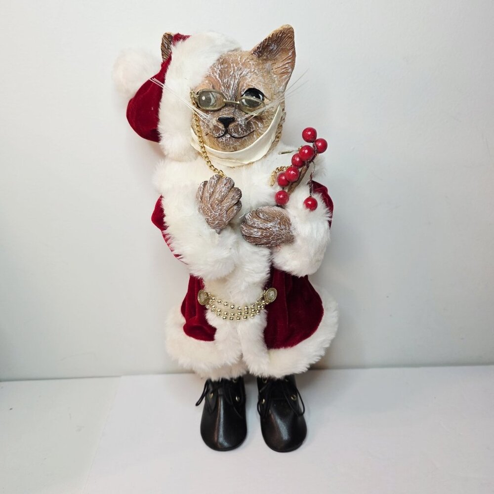 Anthropomorphic Kitty Cat Velvet Santa Suit Glasses Belt Christmas Holiday Decor